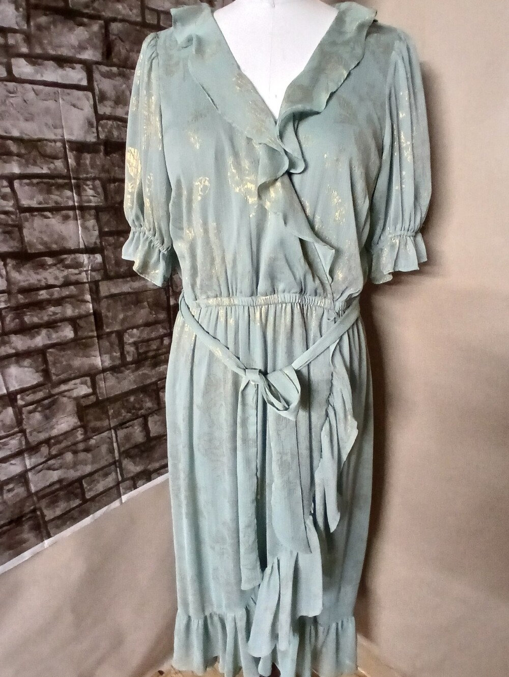 LC Lauren Conrad Sage Green Ruffle Wrap Midi Dress with Gold Accents - Picture 4 of 10
